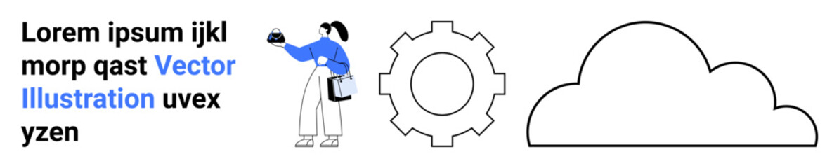 Woman holding tray gestures near gear and cloud elements, symbolizing technology, innovation, and service. Ideal for business, technology, automation, cloud computing, innovation productivity flat