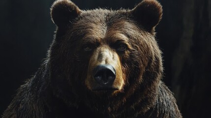Close-up portrait of a brown bear with detailed fur texture, intense expression, pitch-black backdrop for emphasis