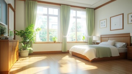 Bright bedroom with bed, sunlight and green plants in daylight interior for healthy living