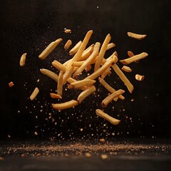 Naklejka premium Crispy Golden Fries Soaring Through the Air in Slow Motion