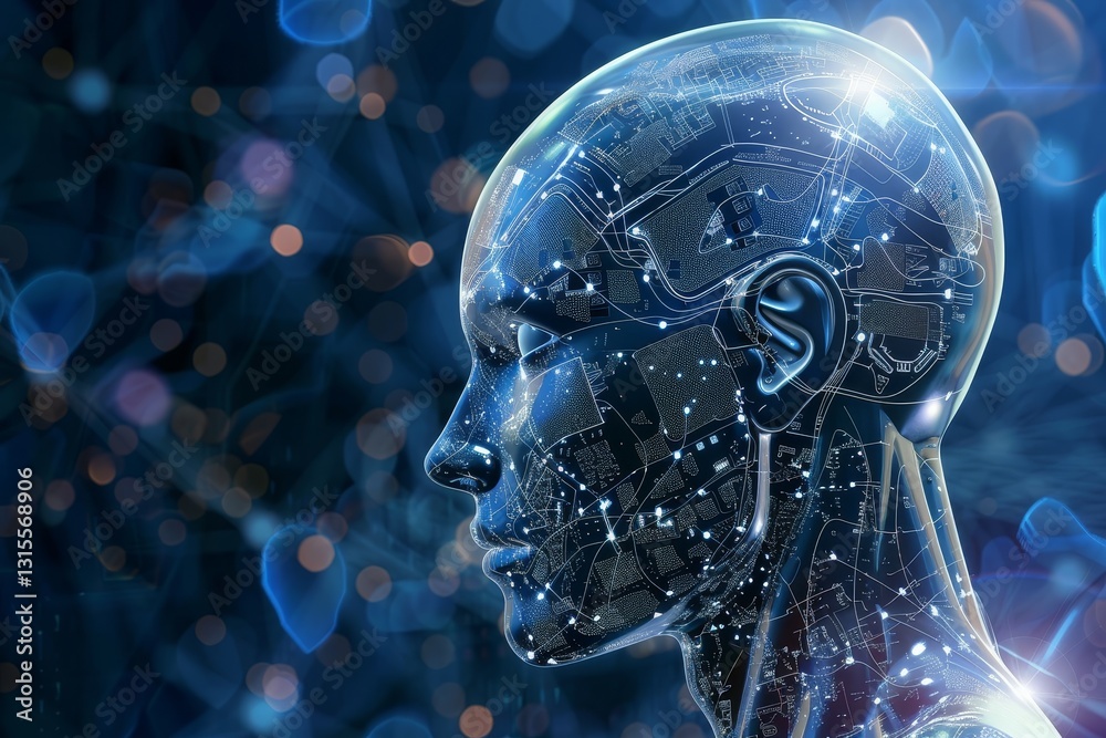 Poster a digital rendering of an ai system gaining sentience, its head filled with intricate circuitry and 