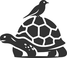 Tortoise with a small bird perched on its shell vector silhouette