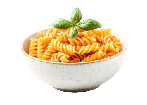 Fusilli pasta with tomato sauce and basil in a bowl, isolated on a white background