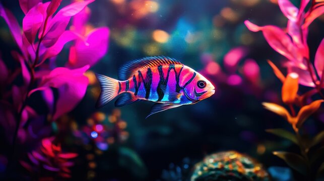 Vibrant tigerfish artfully swimming in a bioluminescent digital aquarium space