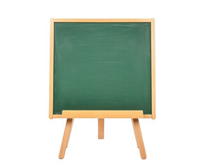 Green school chalkboard on a wooden easel, white background