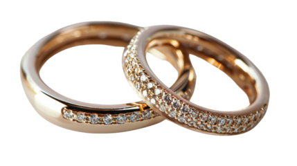 Two golden wedding rings with diamonds embracing on transparent background