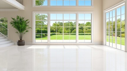 Bright modern villa living room with garden view for property brochure, interior design showcase