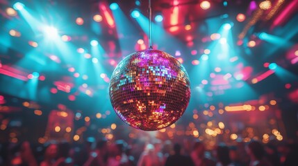 Dynamic nightclub scene with disco ball vibrant colors and joyous dancing