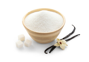Bowl with aromatic vanilla sugar, flower and sticks on white background