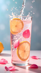 lemonade with lemon and lime and rose petals. water splashes