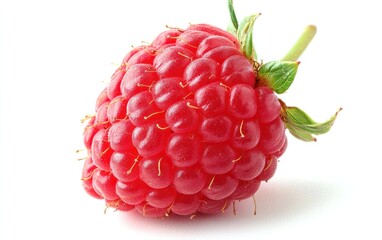 Close-up of a single ripe raspberry with visible texture and tiny hairs, set against a bright white background. The raspberry is vibrant red with subtle highlights, showcasing its juicy appearance