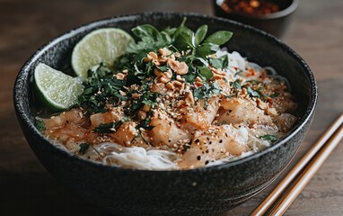 Close-up view of a bowl of light-colored noodles in a dark gray bowl, garnished with sliced lime, fresh herbs, and chopped nuts. The bowl sits on a dark wooden surface, with chopsticks and a small