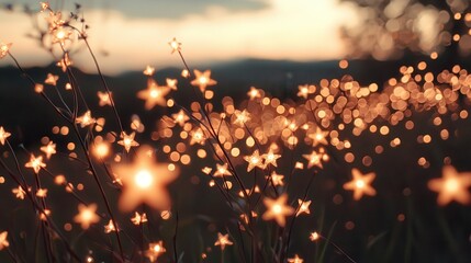 A dreamy field shimmering with star-like lights, creating a magical atmosphere during sunset.