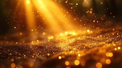 Obraz premium Golden sun rays illuminating sparkling dust particles in a serene forest setting