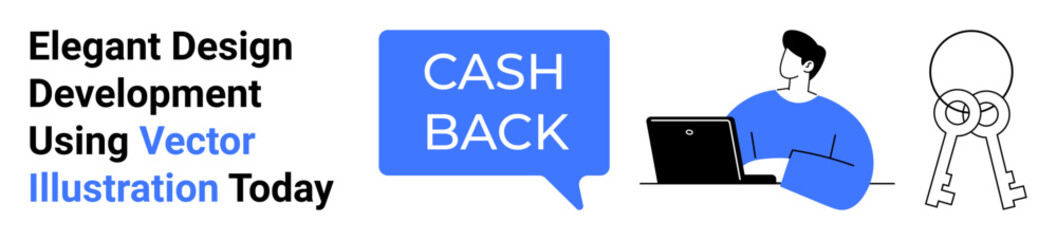 Businessman working on laptop with bold cashback banner. Floating keys signify financial solutions. Ideal for promotions, e-commerce, banking, marketing, savings, finance concepts, flat landing page