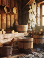 Fototapeta premium Wooden tubs and buckets filled with water prepare for traditional sauna rituals in a rustic atmosphere