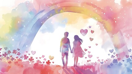 A whimsical watercolor illustration of a cute couple holding hands under a pastel rainbow, surrounded by floating hearts and flowers, hand-drawn sketch aesthetic, 8k UHD, suitable for high-quality 