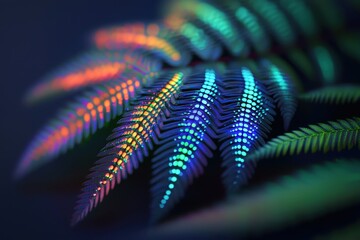 A vibrant, close-up image of a fern leaf showcasing mesmerizing rainbow colors against a dark background.