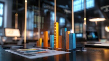 Photorealistic 3D bar chart showing business performance metrics in a modern office setting, business data visualization, statistical analysis illustration