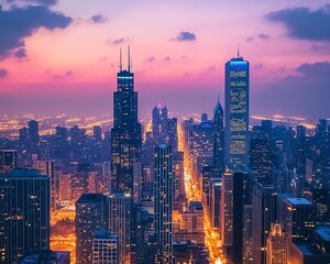 Obraz premium The Chicago skyline at dusk with illuminated buildings against a darkening sky, concept of city life
