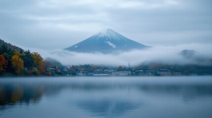 Naklejka premium Colorful Autumn Season and Mountain Fuji with morning fog and red leaves at lake Kawaguchiko is one of the best places in Japan
