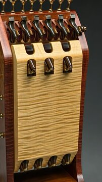 Intricate craftsmanship displayed in a wooden zither with detailed tuning pegs and smooth curves in a dramatic lighting setting