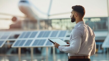 Male engineer with digital tablet near solar panels