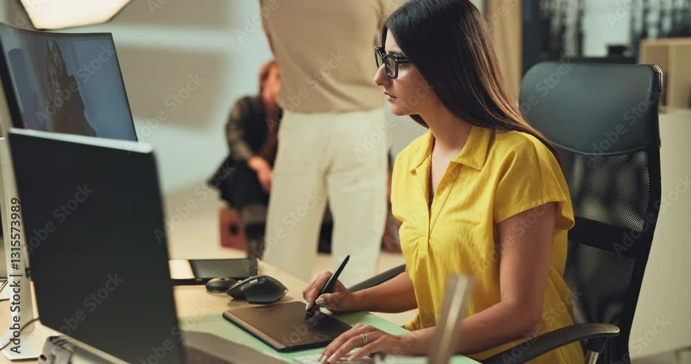 Poster woman, computer and photographer editing in studio for checking image design and creative magazine. 