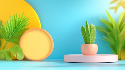 Cactus in Pot on Platform with Tropical Plants. Display for product placement and ads