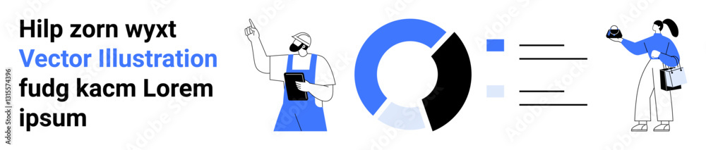 Poster two figures interact near a segmented circle chart in blue and black representing analytics. ideal f