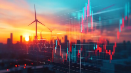 Wind turbines with financial charts overlay at sunset