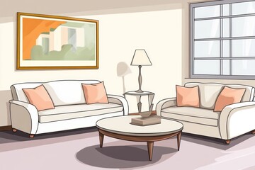 Fototapeta premium Cozy living room with two sofas, coffee table, lamp, and artwork.