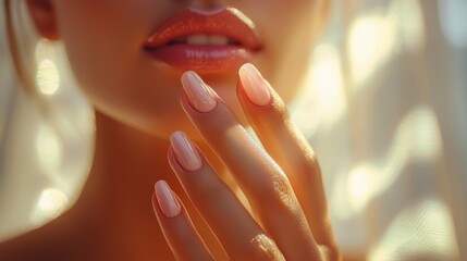 Serene woman applies pink nail polish in sunlit room