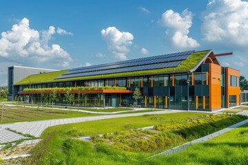 Obraz premium A modern, sustainable school building with a green roof and solar panels, An eco-friendly school building with a green roof and solar panels