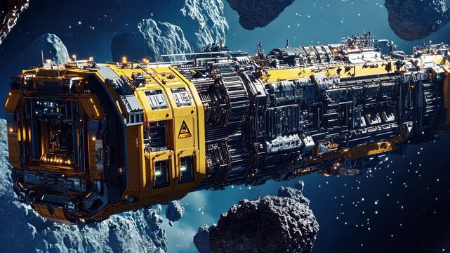 Asteroid mining colony buzzes with life and activity in deep space exploration, asteroid mining colony hums with activity, Seamless ing video background
