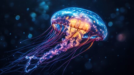 Obraz premium Illuminated marine life featuring a bioluminescent jellyfish drifting gracefully