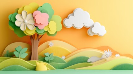 Obraz premium Cartoon tree on sunny hills with flowers and clouds for kids background. Illustration, nature