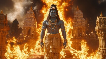 Fototapeta premium Powerful deity amidst fiery temple ruins