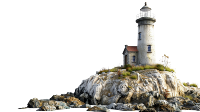 Lighthouse standing on rocky island with transparent background