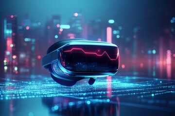 futuristic scene with a virtual reality AI powered headset and a glowing neon blue pink interface, sleek dark background with copy space