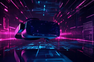 futuristic scene with a virtual reality AI powered headset and a glowing neon blue pink interface, sleek dark background with copy space