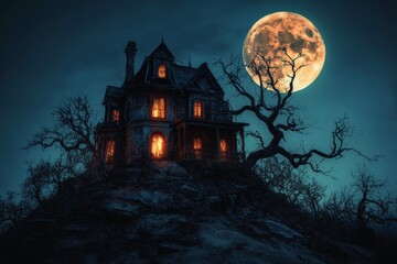 Fototapeta premium haunted house on a hill, with twisted trees, glowing windows, and a full moon in the background, creating a chilling Halloween night scene