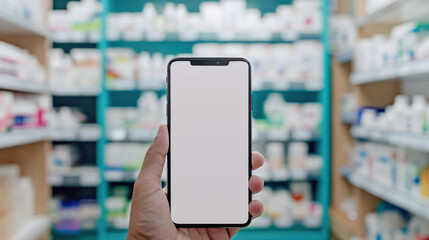 Smartphone with blank screen held by adult male in pharmacy aisle with medicine shelves, Mockup