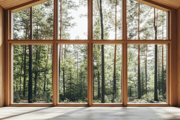 minimalist cabin interior with large windows framing a tranquil forest view, sustainable living