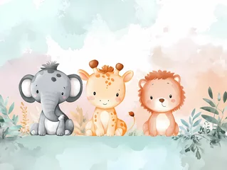 Adorable Jungle Friends: A trio of adorable cartoon safari animals - a playful elephant, a curious giraffe, and a majestic lion - are nestled amidst a whimsical watercolor background.