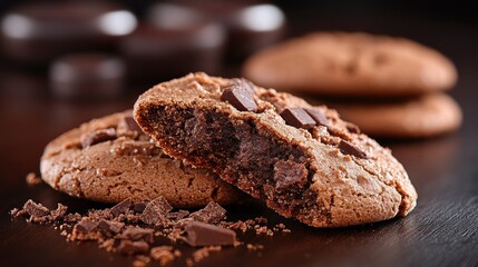 Fototapeta premium Chocolate cookies, one broken in half showing its interior. Other cookies on dark background. Dessert image
