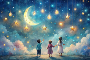 Obraz premium Three children gaze at a whimsical night sky adorned with a crescent moon, stars, and glowing lights.