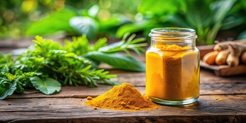 Golden yellow turmeric powder in a compact glass bottle on a natural wood table top