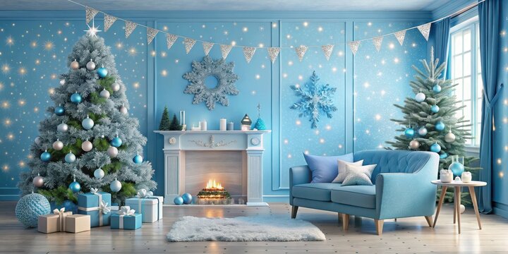 A blue Banni?re D?cor de No?l with a decorated Christmas tree, surrounded by snowflakes and winter elements in a cozy living room setting , Banniere Decor, Christmas Decoration