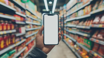 Close-up of smartphone held by adult in grocery store aisle with blurred background, Mockup